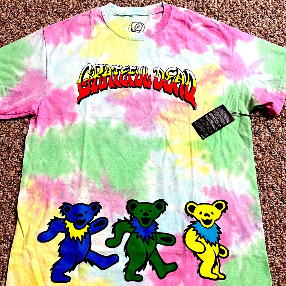 🐢 '21 Grateful Dead Band Flame Text With 2 Side Dancing Bear Tie-Dye NEW Tee